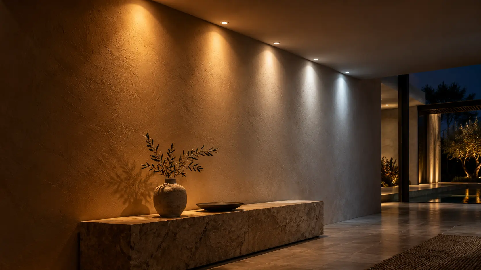 Warm and cool white lighting across the same architectural wall