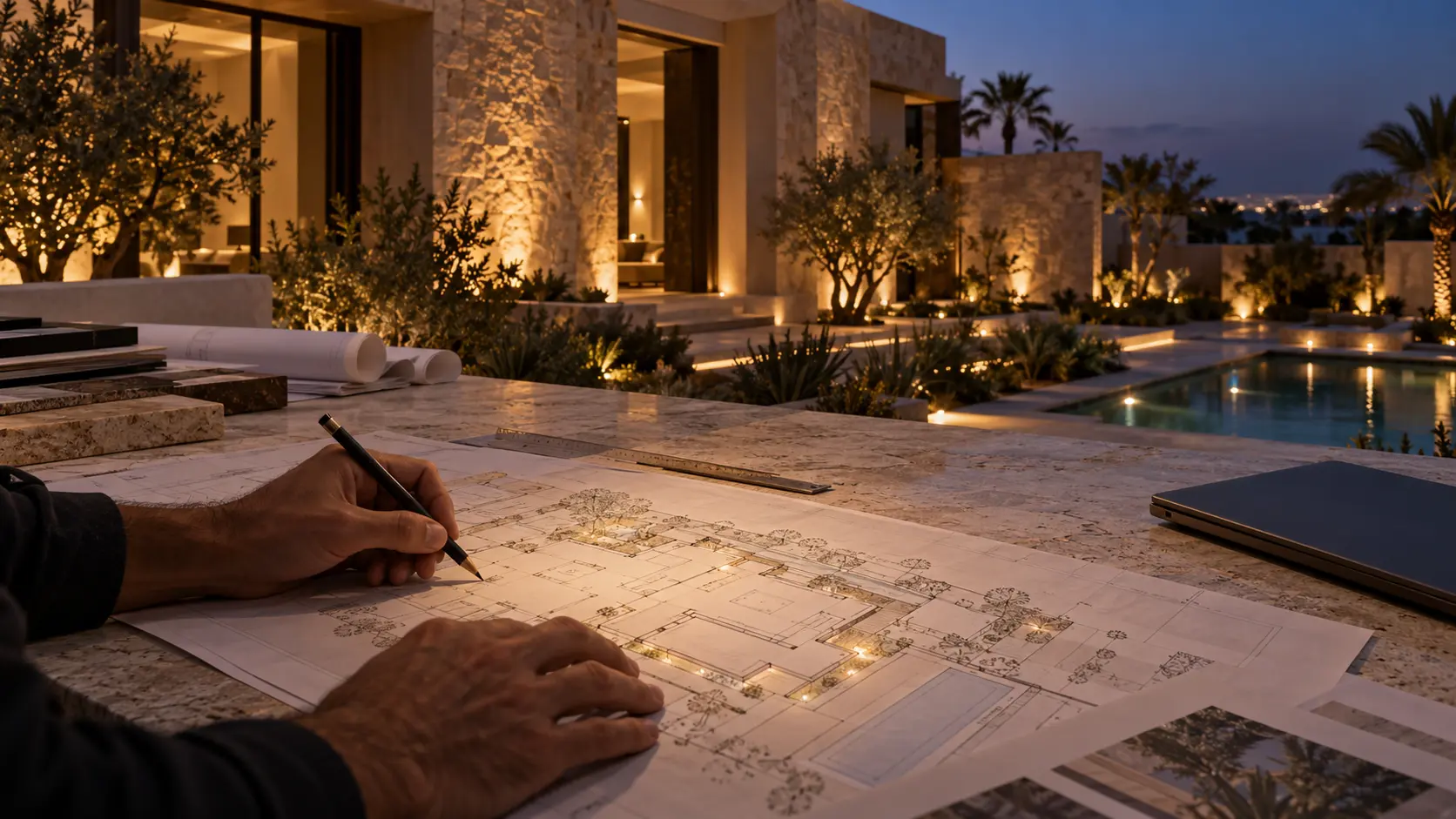 An engineer reviewing a home lighting plan at a villa