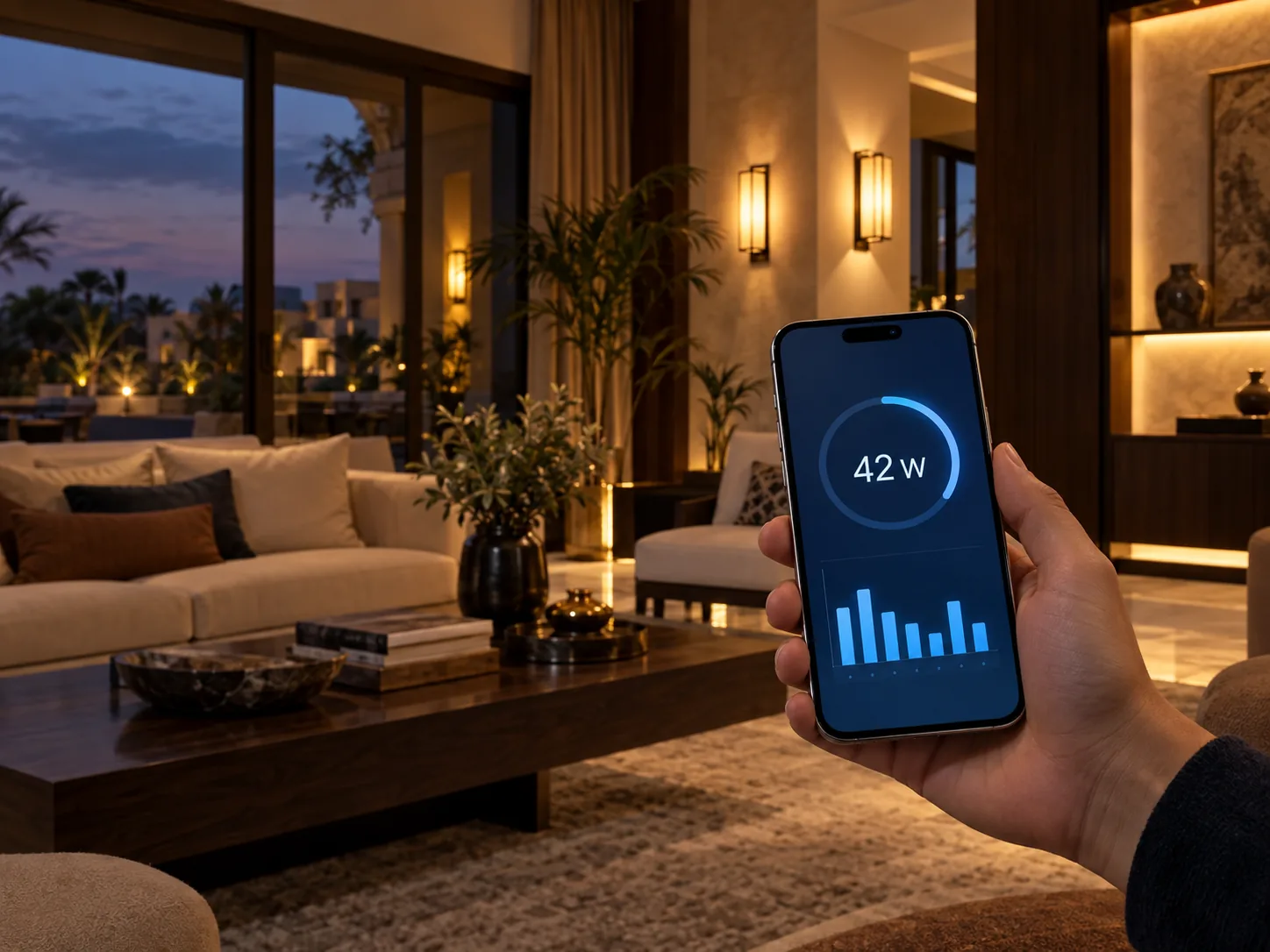 Energy use shown on a phone in a warmly lit living room