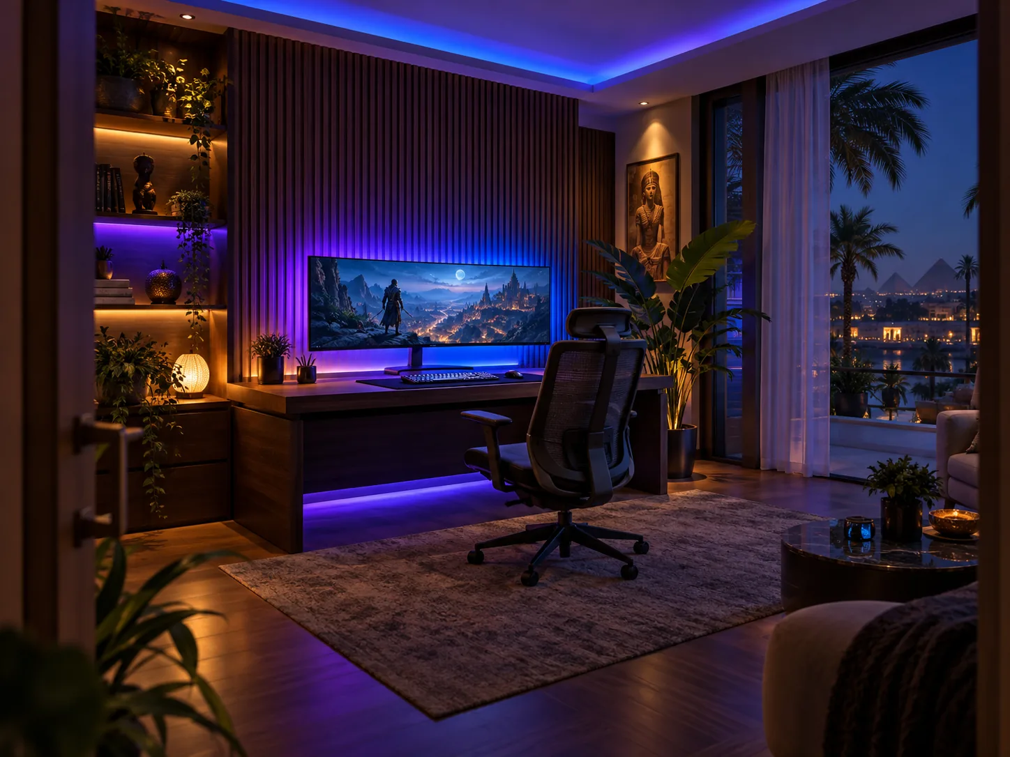 Premium gaming room with blue and violet ambient lighting