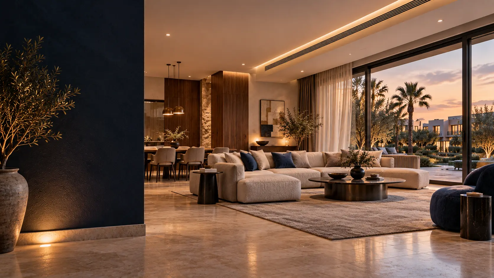 A refined villa living room with discreet ceiling air conditioning