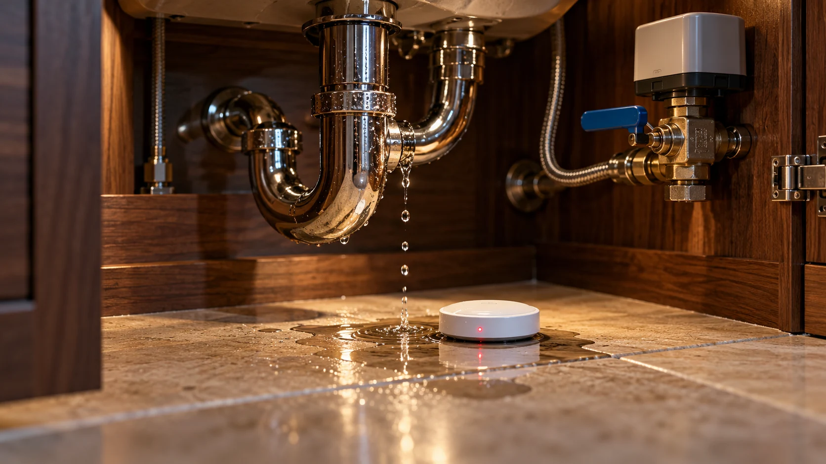Water dripping from a pipe beneath a sink into a small puddle beside a leak sensor