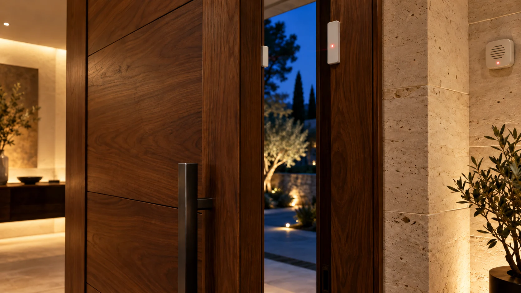 An open entrance door separating the two parts of its contact sensor, with a siren on the wall
