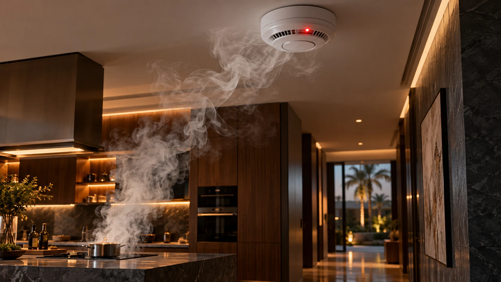 Visible smoke rising through a kitchen toward a ceiling smoke alarm with a red indicator