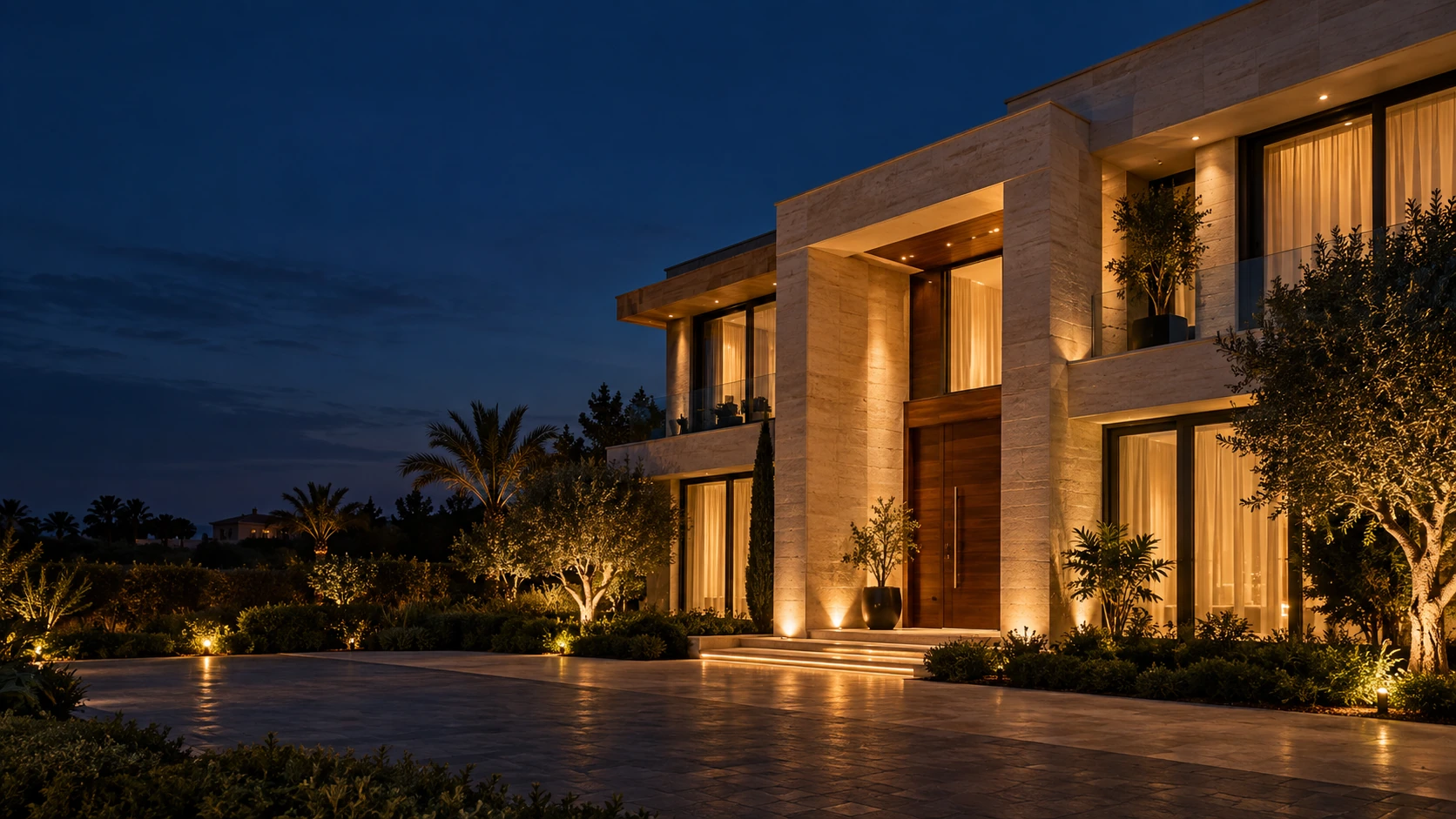 A contemporary villa with warm entrance lighting at blue hour