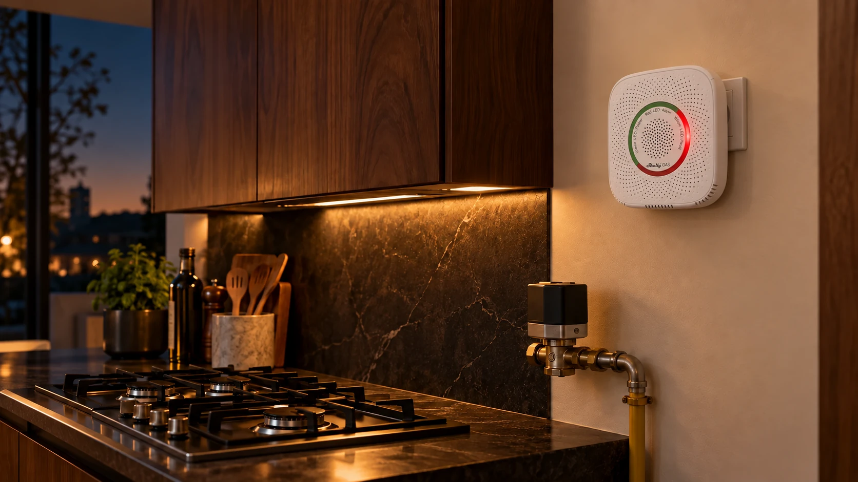 Shelly Gas plug-in detector beside a kitchen cooktop and purpose-designed gas valve actuator