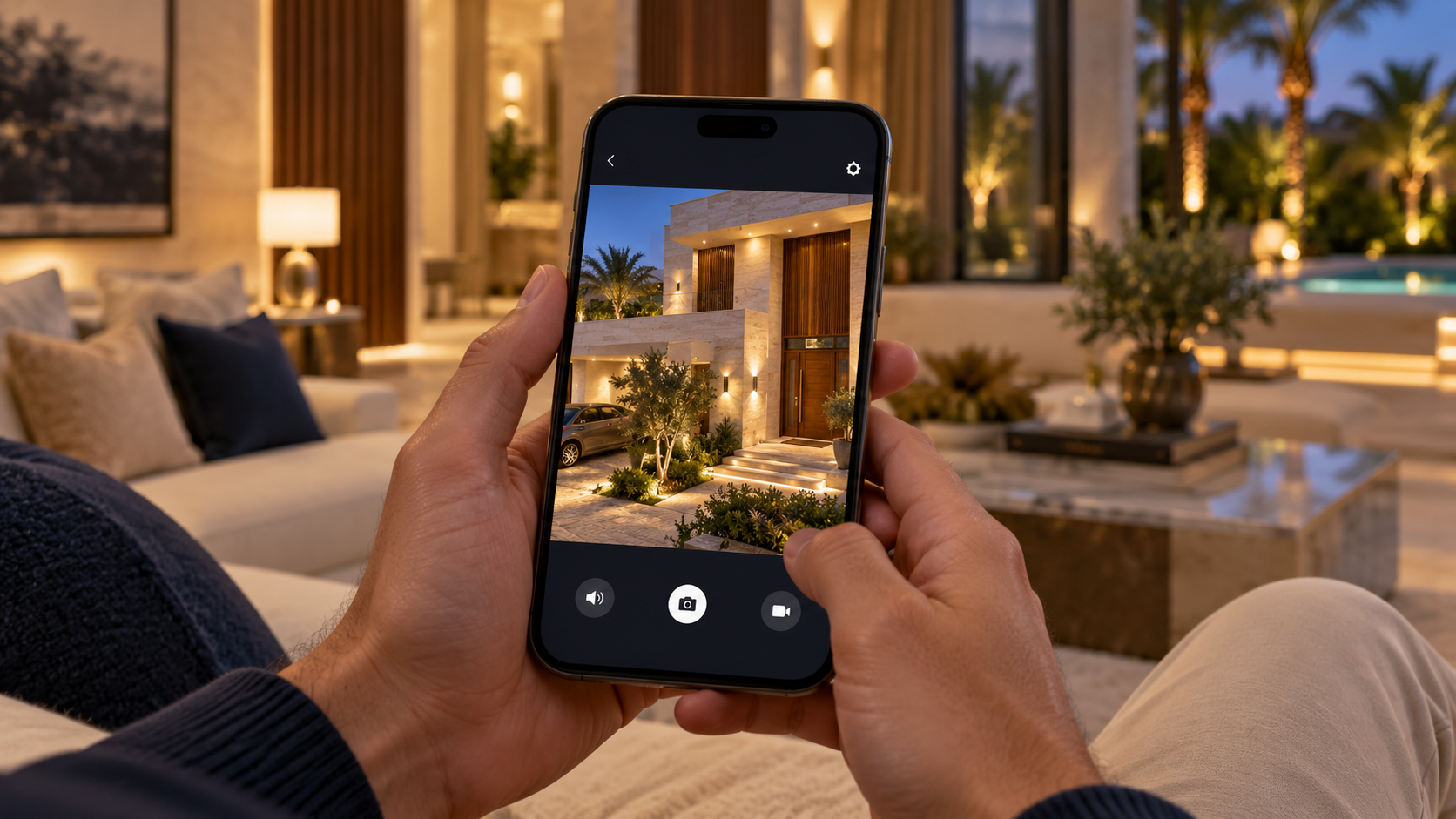 Illustrative homeowner checking an entrance camera from a smartphone