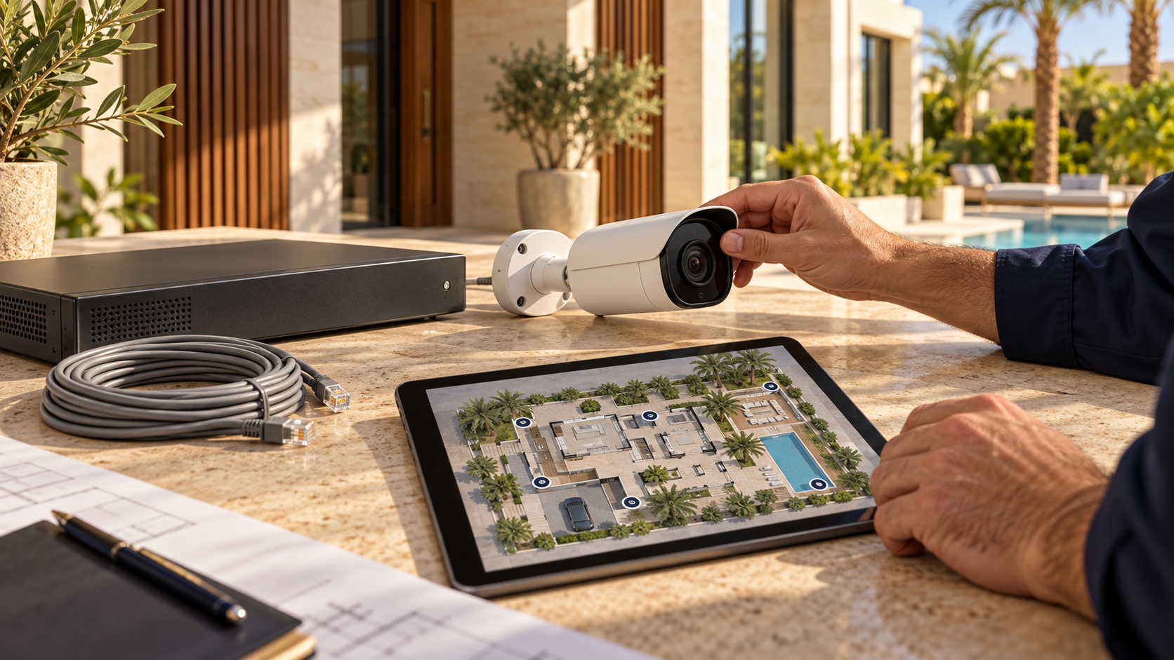 Illustrative engineer planning camera angles, recorder and cabling around a villa layout