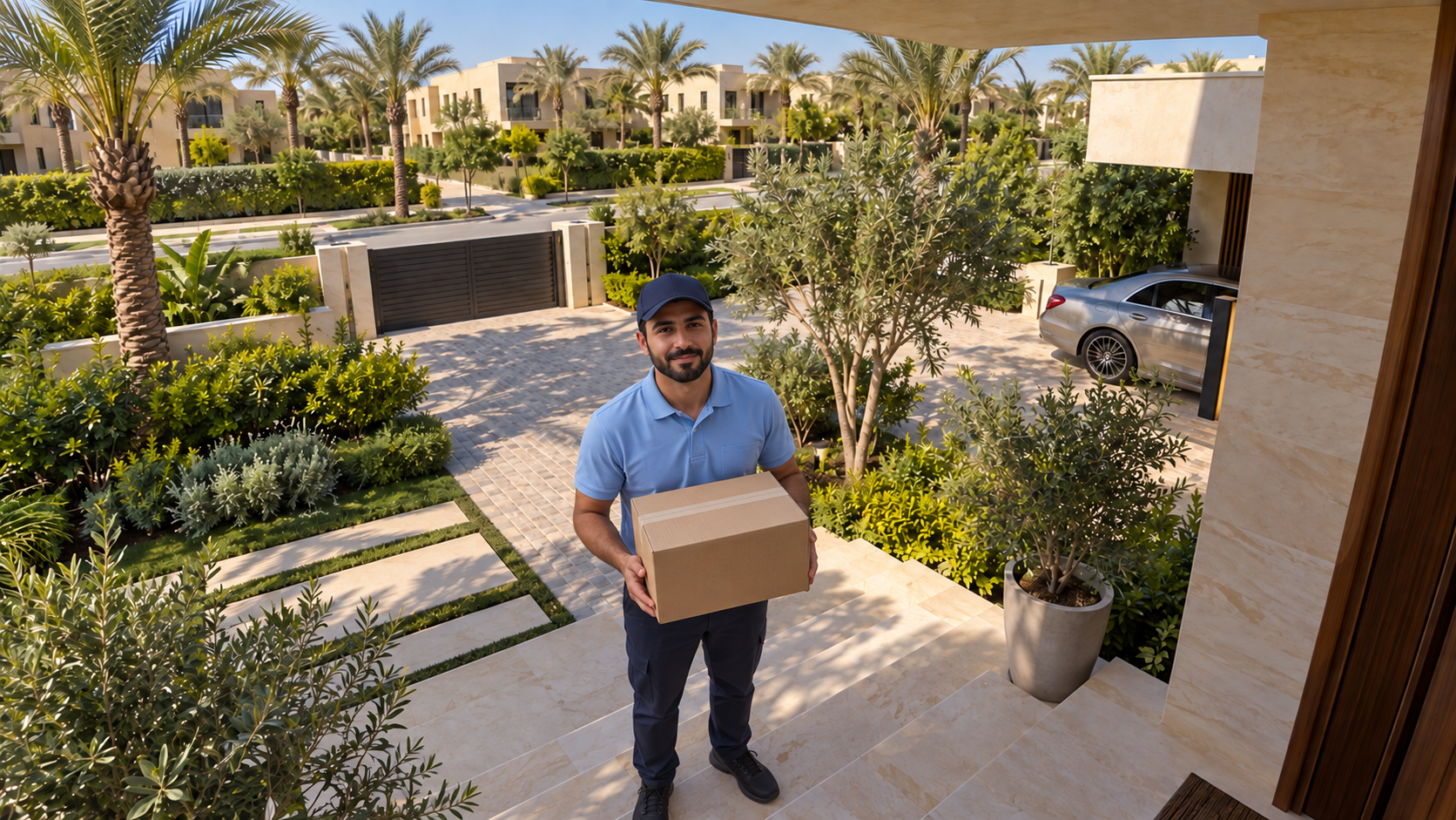 Illustrative entrance camera view of a delivery person holding a parcel at the doorstep