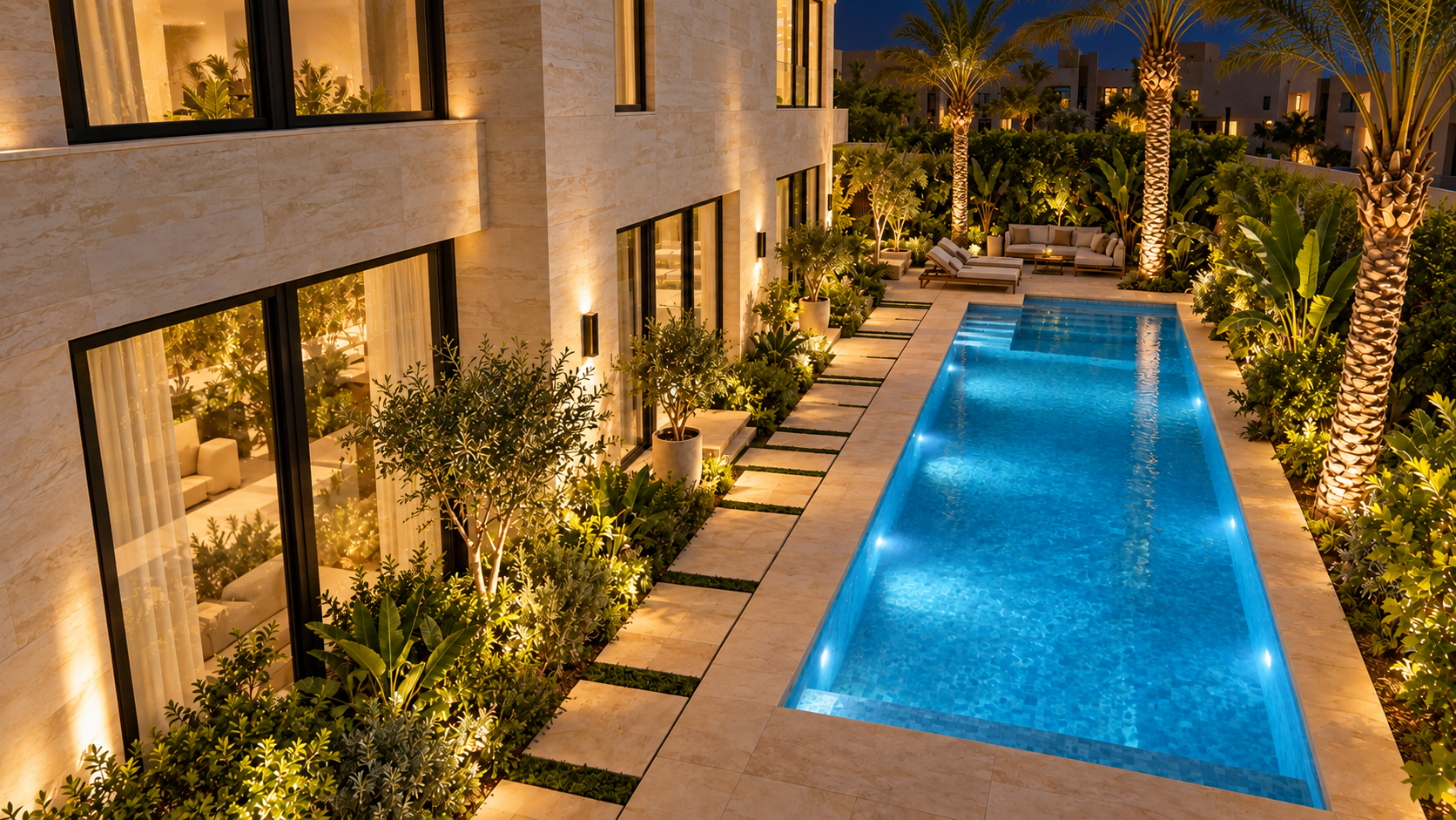 Illustrative nighttime camera view with the garden path and pool clearly visible