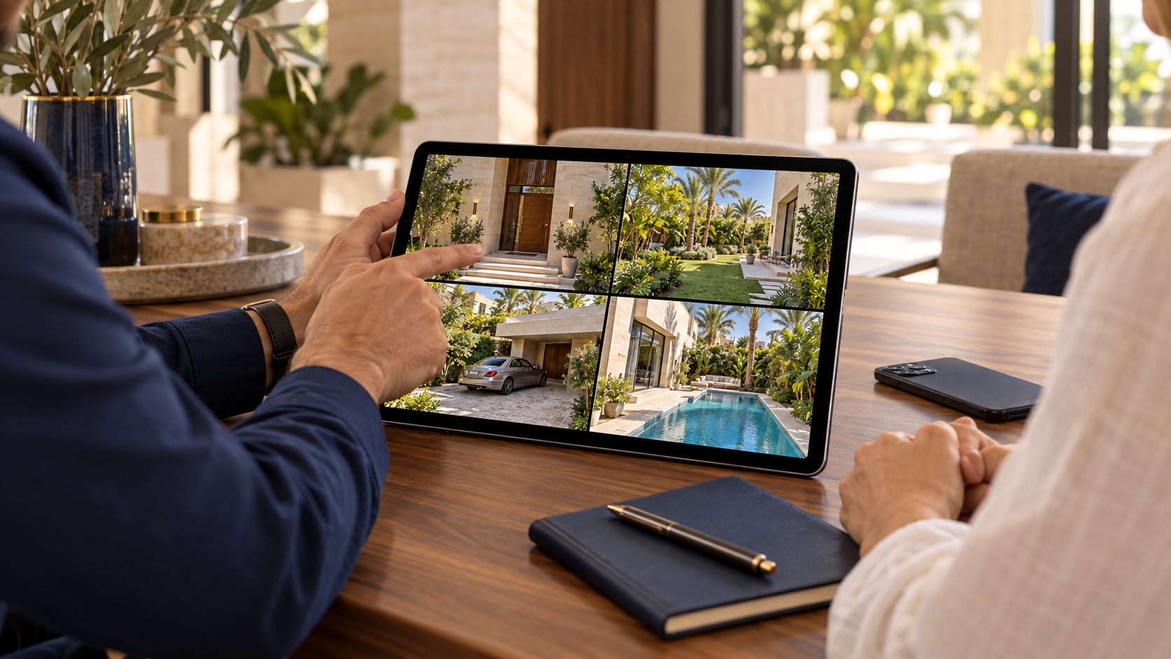 Illustrative engineer showing a homeowner how to use the camera views on a tablet