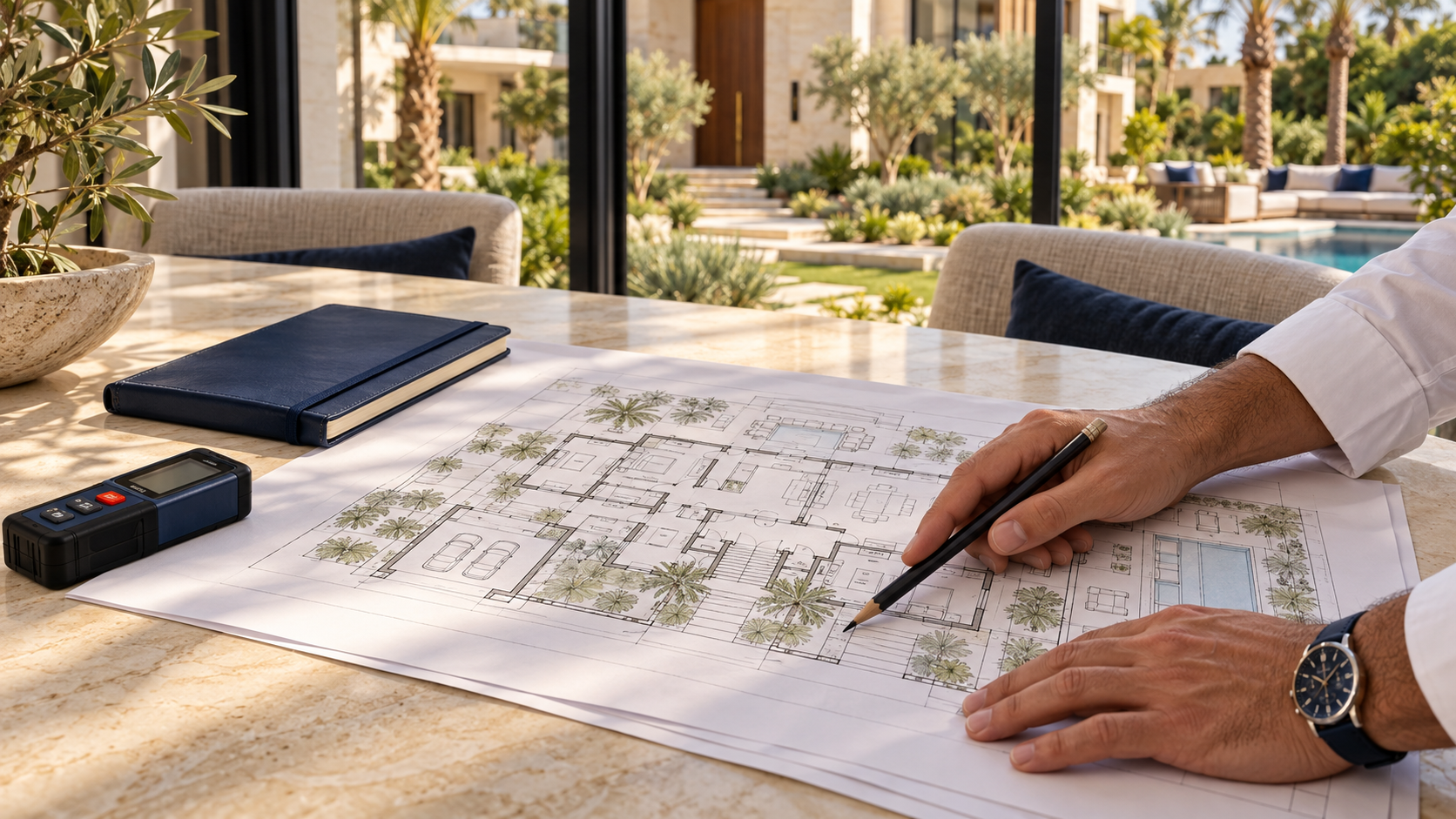 Illustrative engineer reviewing a villa floor plan and its entrance routes