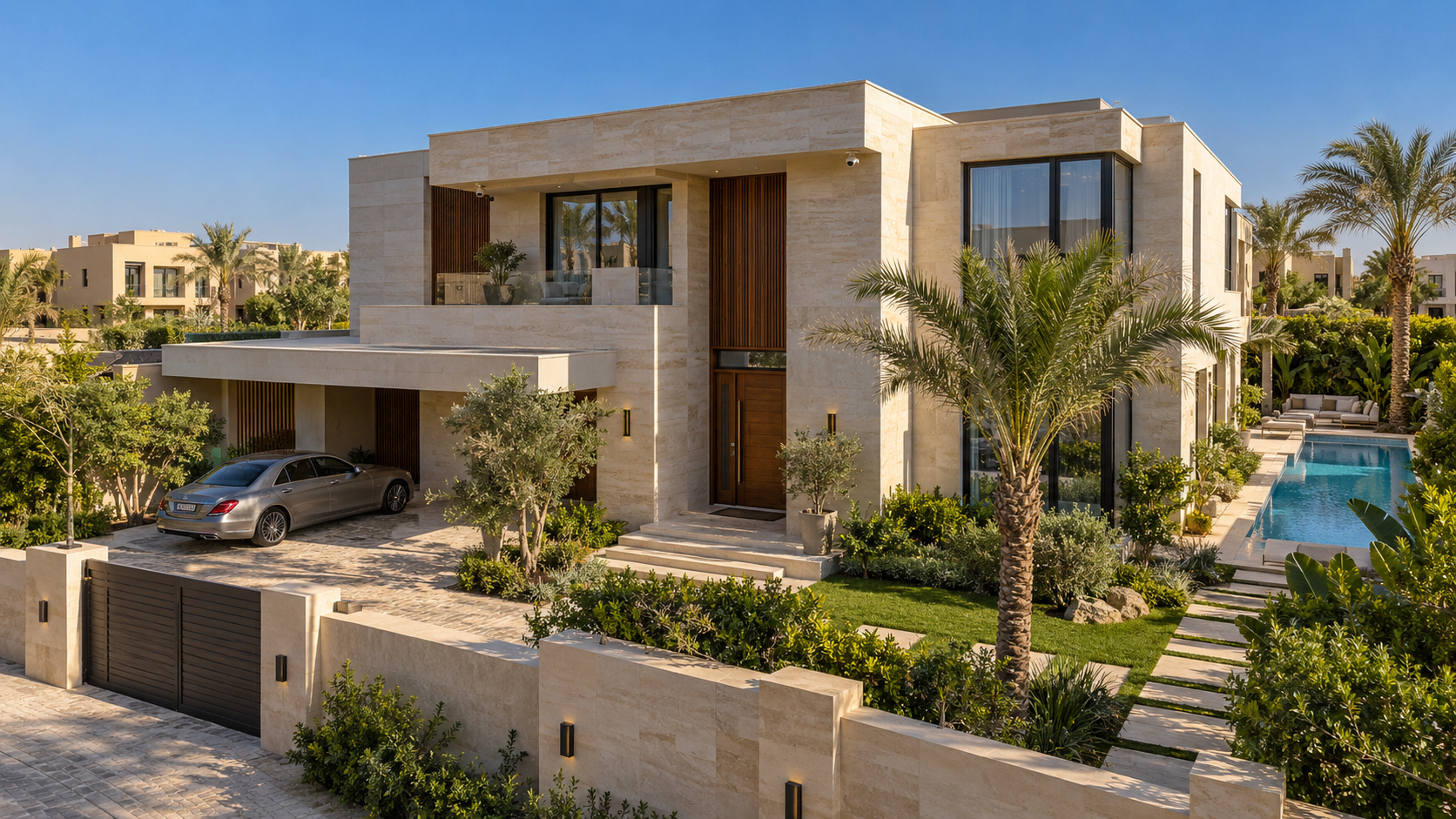 Illustrative villa showing its entrance, driveway and garden in daylight
