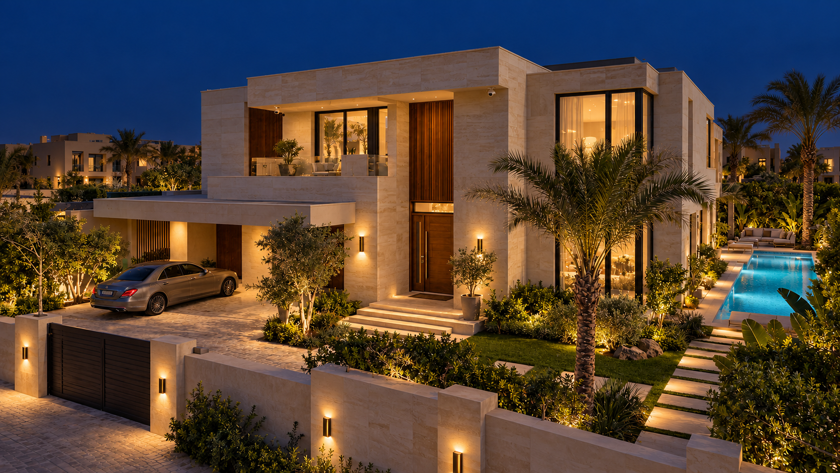 Contemporary Egyptian villa with discreet exterior surveillance cameras and illuminated entrance