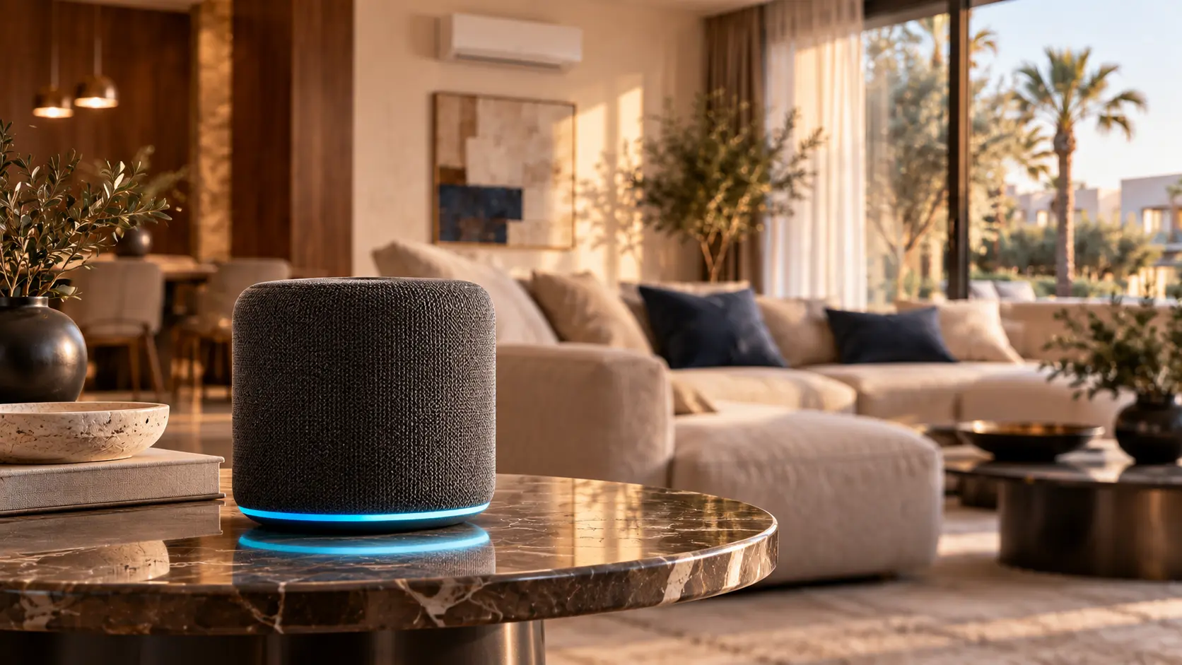 A smart speaker with its blue voice activation ring illuminated