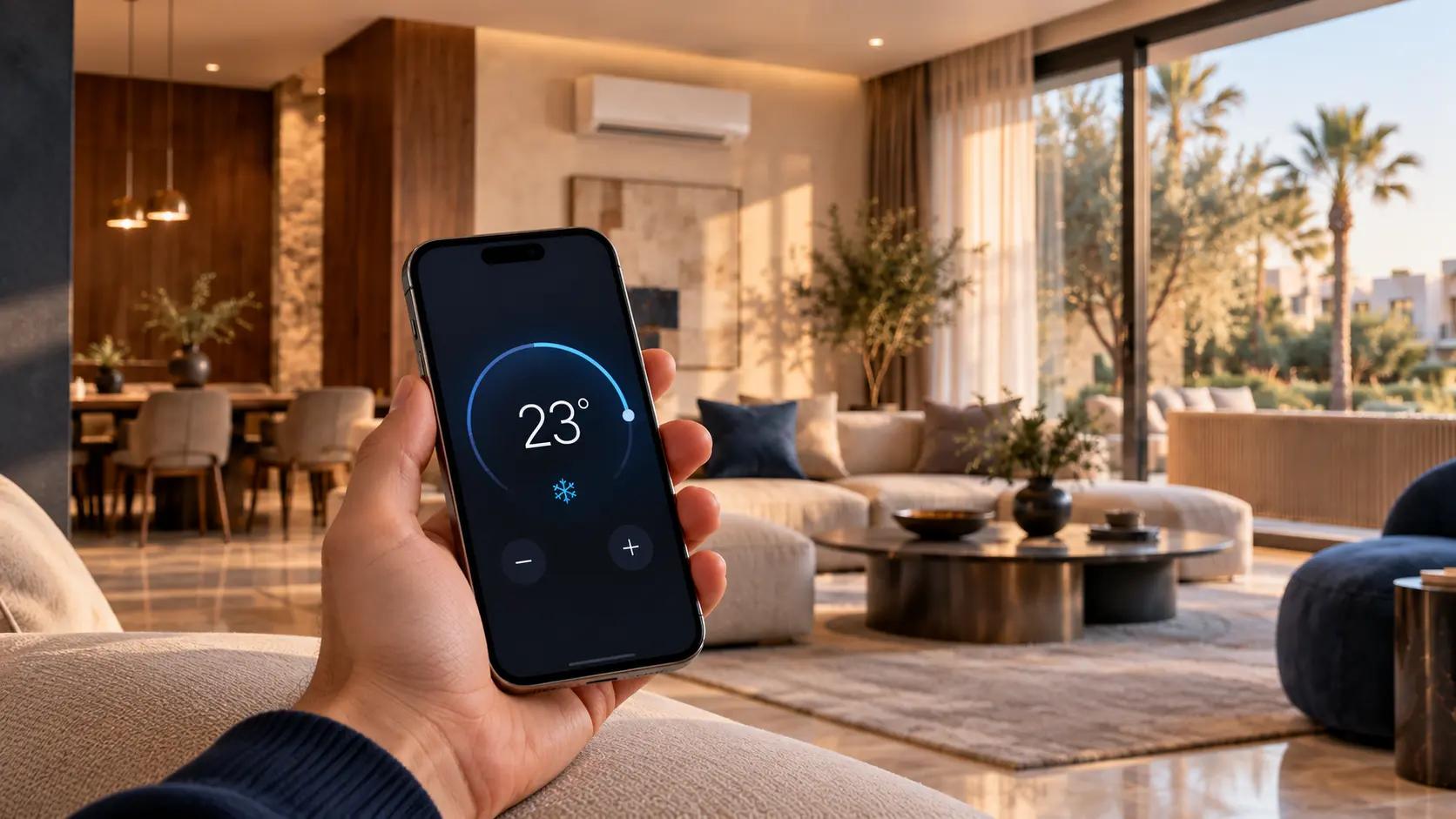 A hand adjusting a 23-degree climate dial on a smartphone