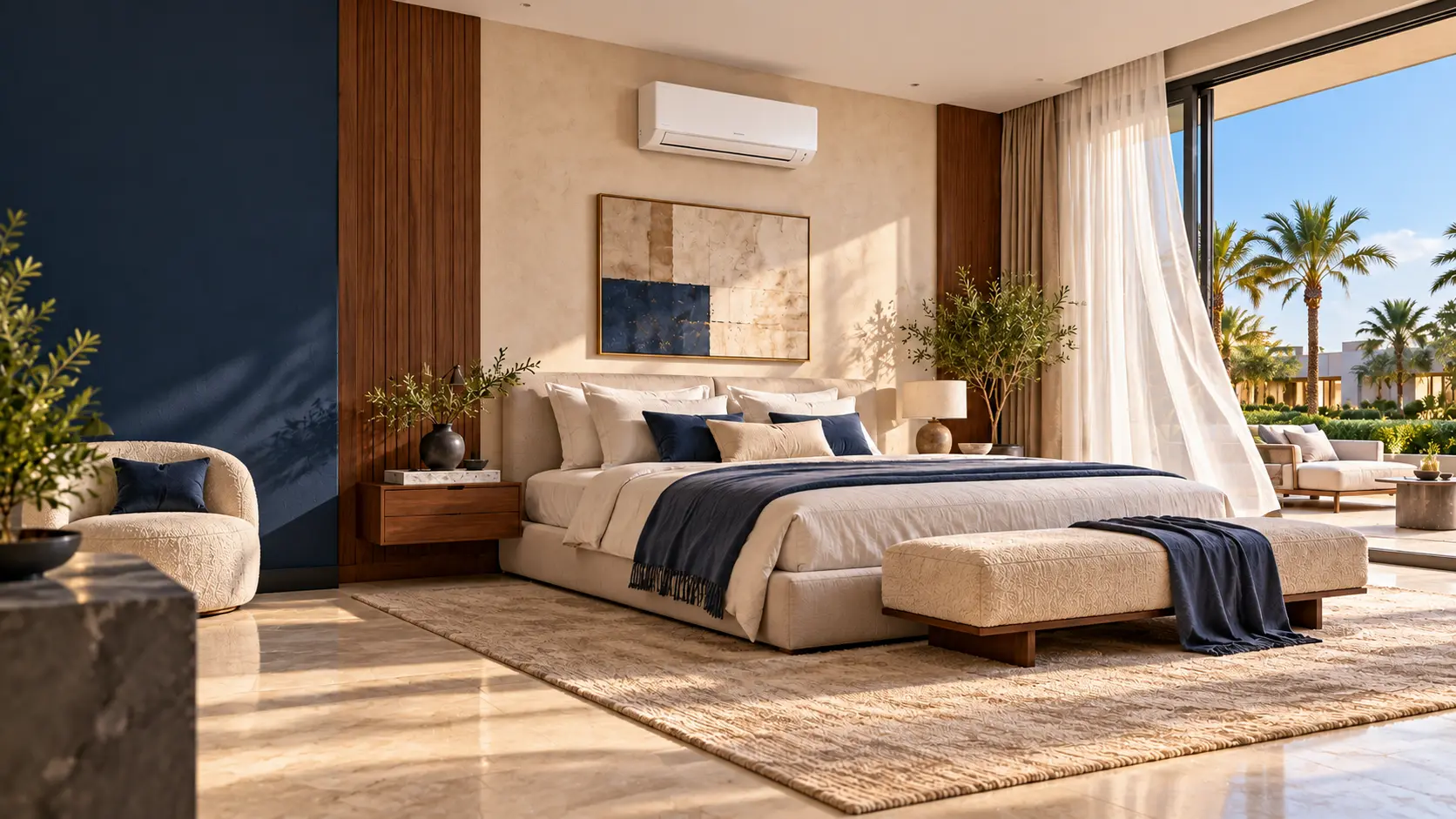 Morning in the bedroom with the glass door slid open and a curtain moving in the breeze
