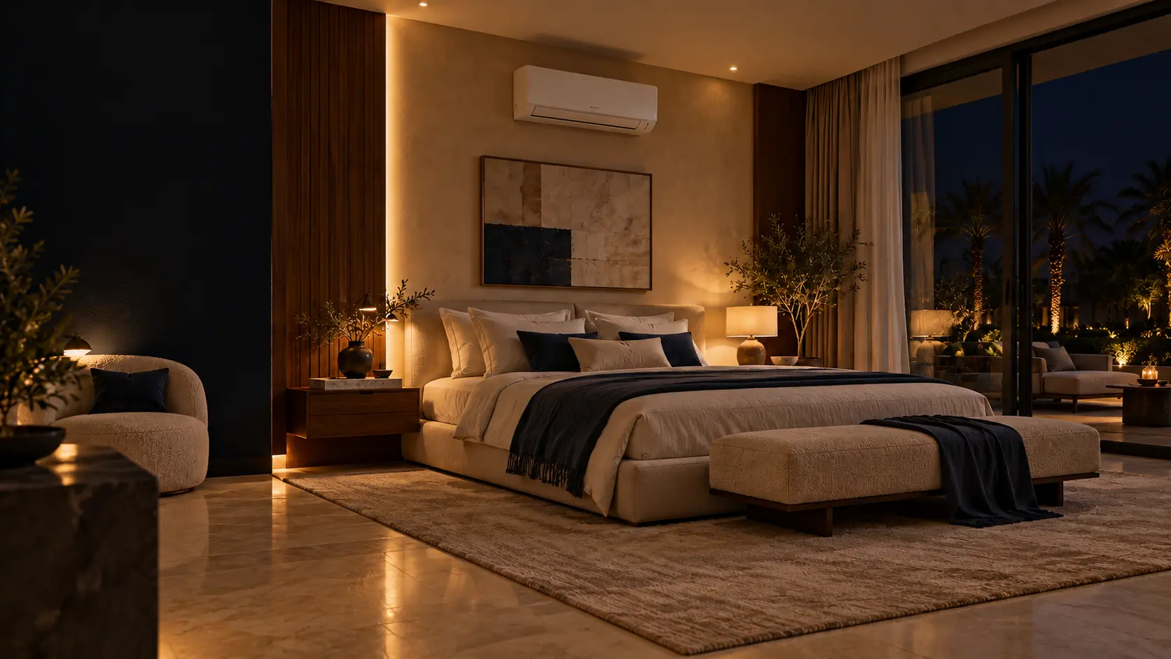 The same bedroom at night, warm lamps on and glass doors closed