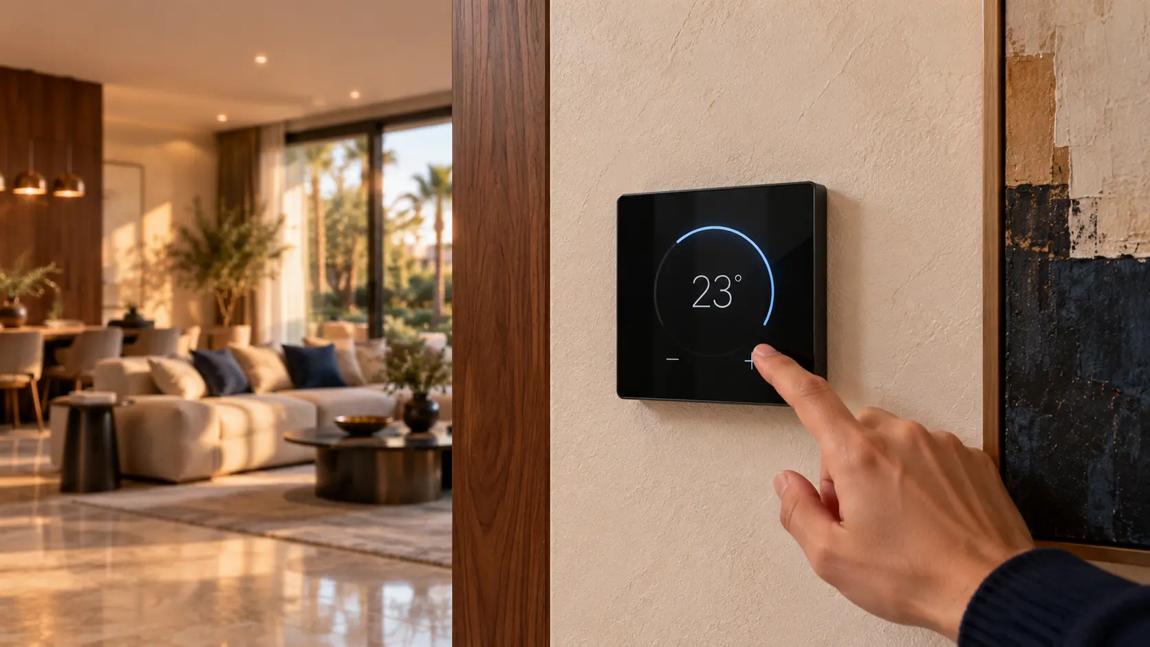 A finger adjusting a wall thermostat in a villa