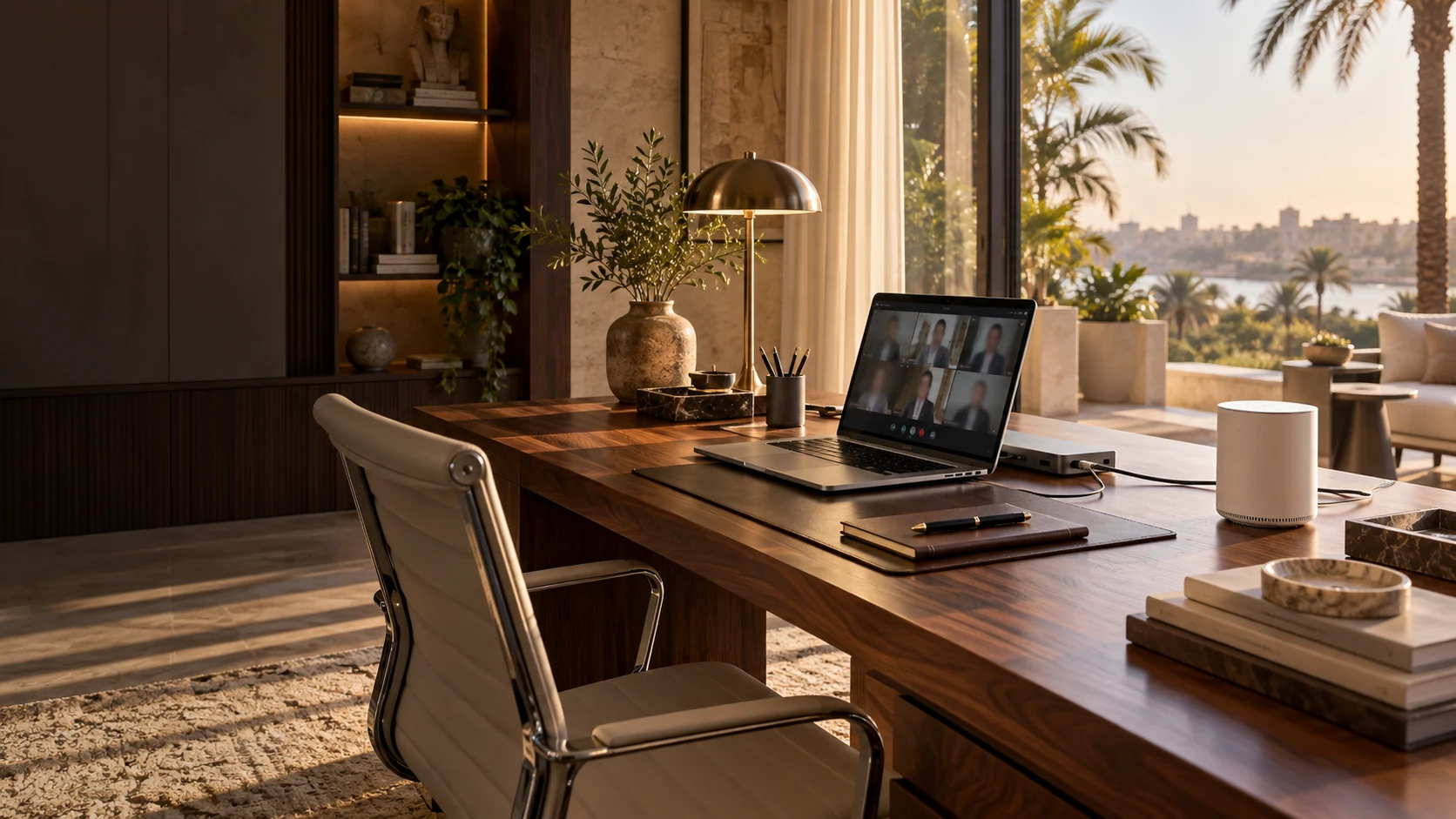 A laptop video call at a walnut desk with a nearby mesh point and wired dock