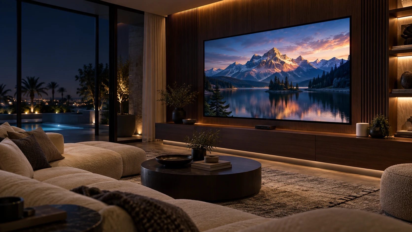 Movie night in a warm villa media room with a large television and mesh point