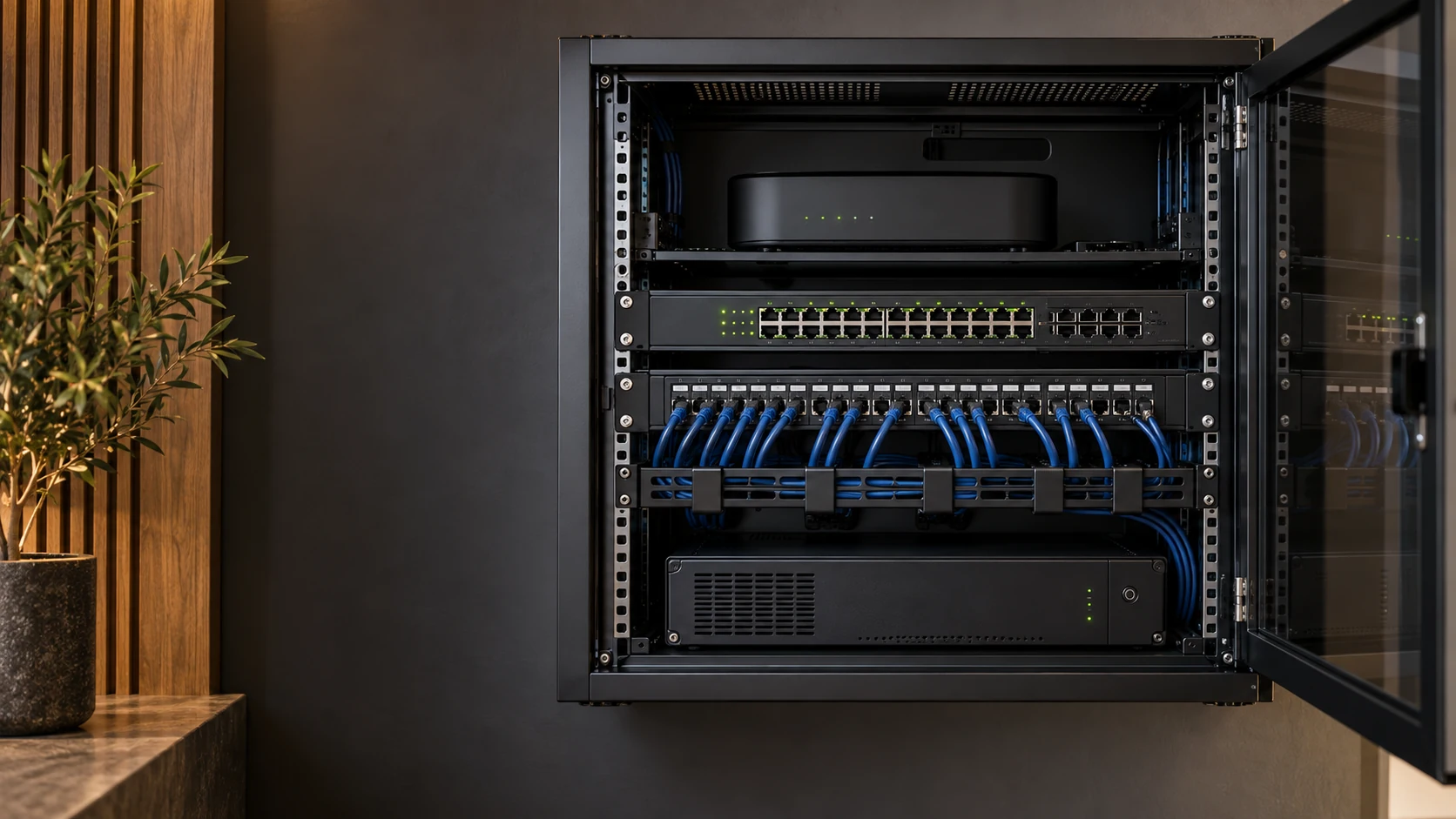 Organised residential network cabinet with gateway, switch, Ethernet patch panel and backup power