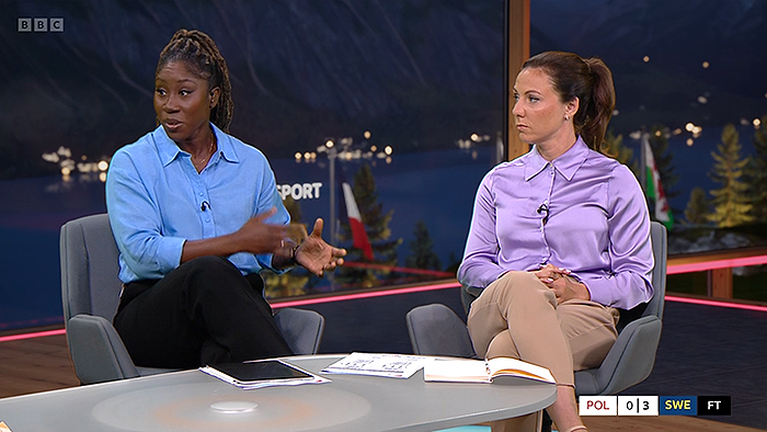 Two guests speaking to Gaby Logan