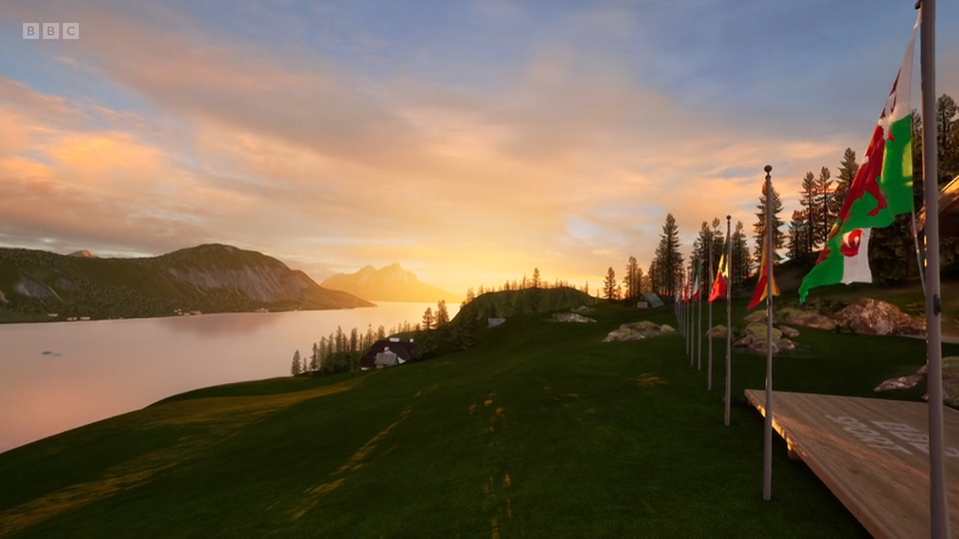 Sunset over Lake Lucerne This shot was used for the opening piece-to-camera, on the first broadcast.