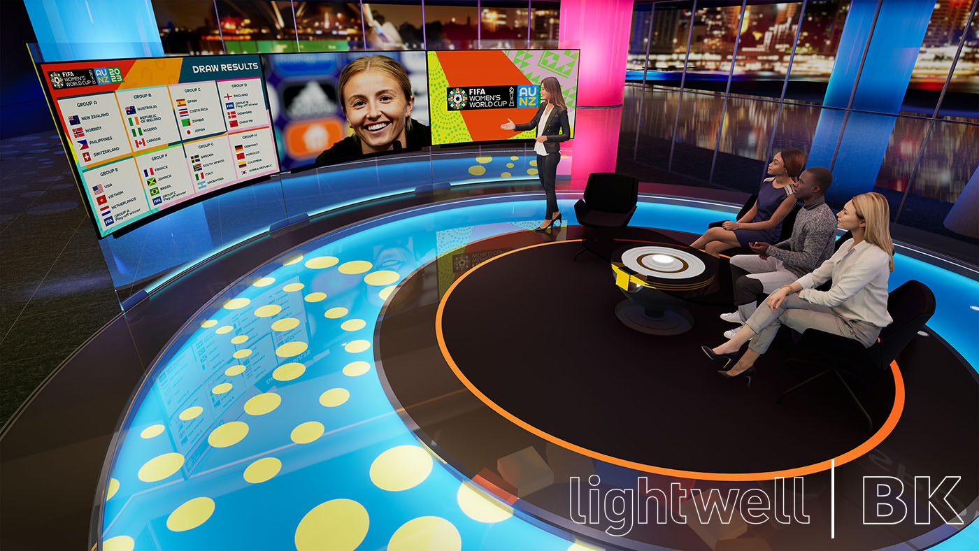 A high and wide view of the concept design we prepared for the pitch to provide the virtual set for the BBC's coverage of the FIFA Womens World Cup in 2023