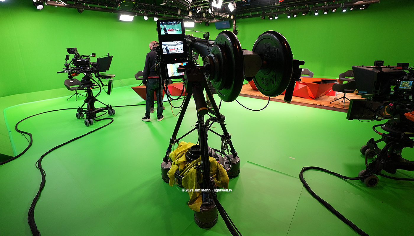 View from behind the jib camera, the main driving force behind all on screen presentation. The jib is fitted with three monitors. One shows the "clean" feed, the next shows composite feedsthat combine virtual sets and graphics.