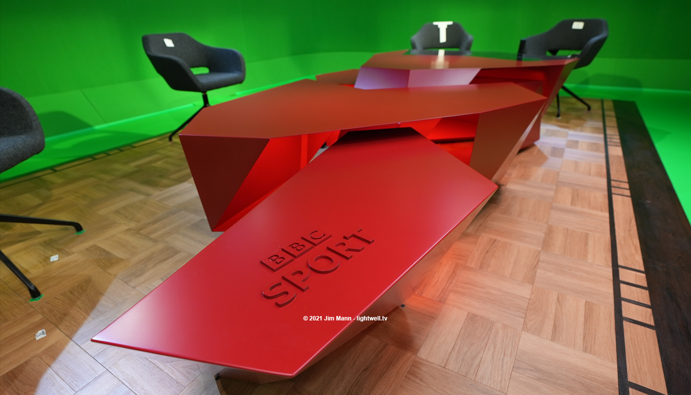 close up view of the BBC Tokyo desk highlighting the logo which was applied using magnets, and could be re-postitioned.