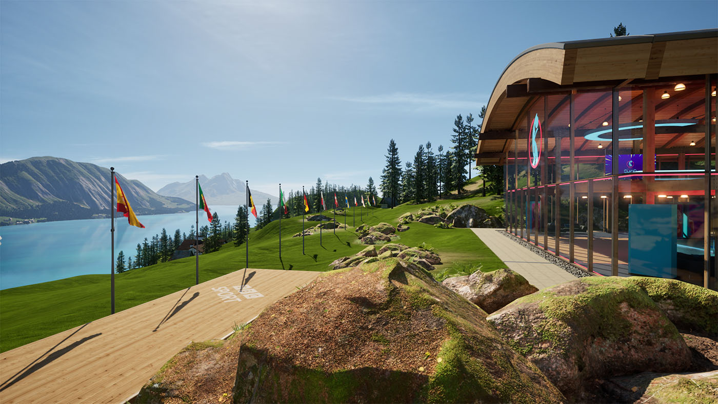 Another shot that was never used in the broadcast, but I wanted to share this with you becuase it shows the front of the pavilion on the right, with the lake to the left. Inside the pavilion we can see the light blue lightbox that was located above the presnters seated position. The blue colour is from the UEFA branding whilst its shape is inspired by the tournament logo, which is made up of ring segments.