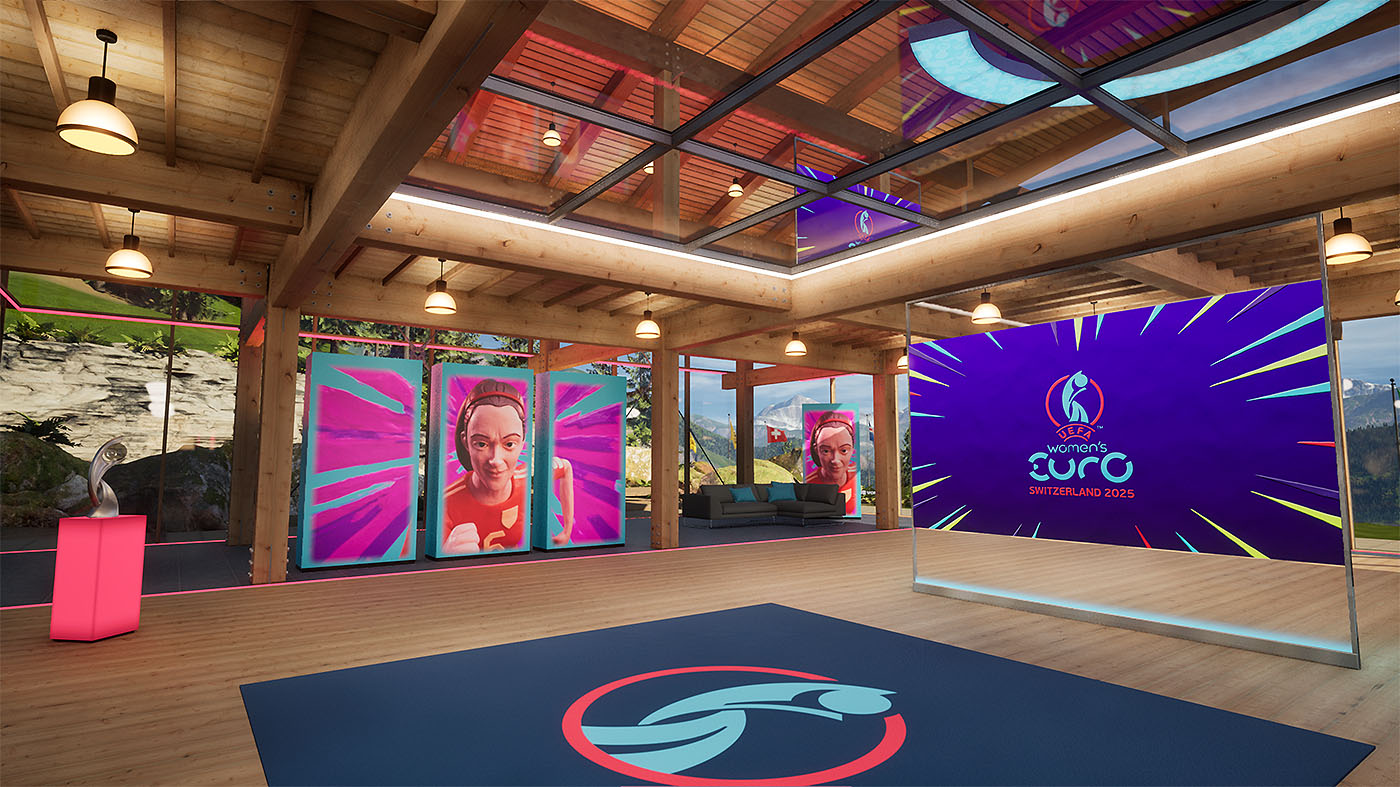 We have now moved into the downstairs area where there is a large screen for analysis presentations. We can see the Euro's trophy to the left and then there are panels featuring images of the clay Bonmati, created for the animated title sequence.