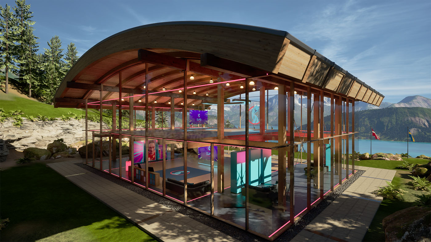 A view from the rear of the pavilion, looking owards the lake and mountains. This wasn't a shot used in any of the broadcasts, but I wanted to share it because it illustrates the form of the virtual set pavilion, with it's timber structure, and barrel vault roof.