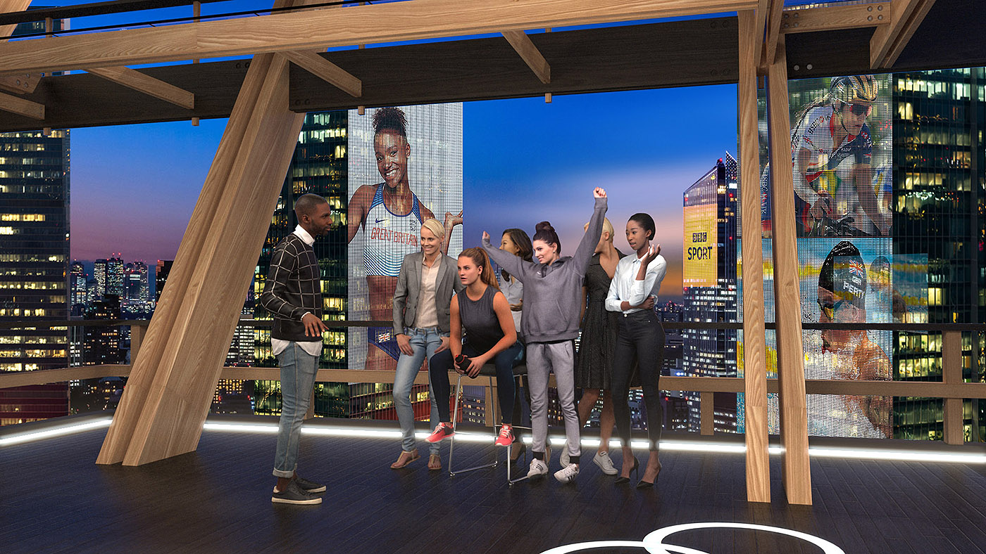 A computer generated mock-up of a team of athletes being interviewed within a virtual set. The virtual set is a Tokyo scene at night with video of athletes displayed on skyscrapers in the background