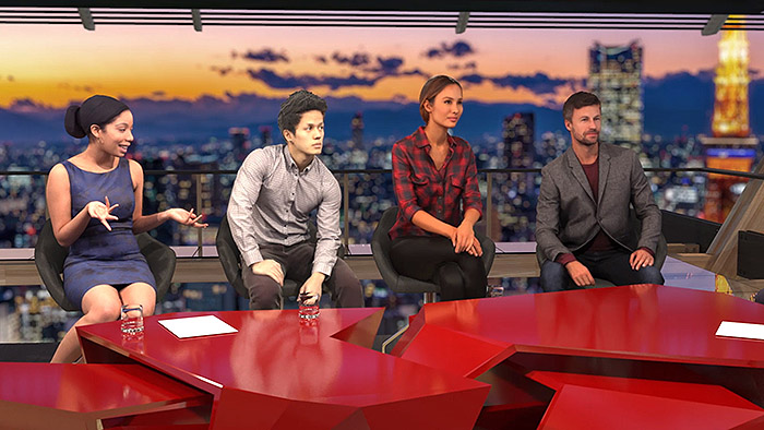 A computer generated mock-up of four guests sat a red origami-like table with a dusk cityscape scene of Tokyo in the background