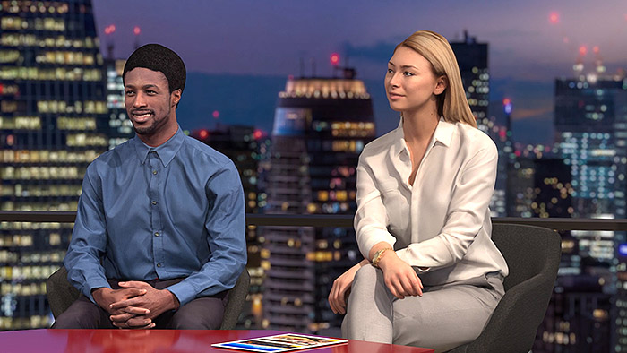 A computer generated mock-up of two guests sat a red origami-like table with a dusk cityscape scene of Tokyo in the background