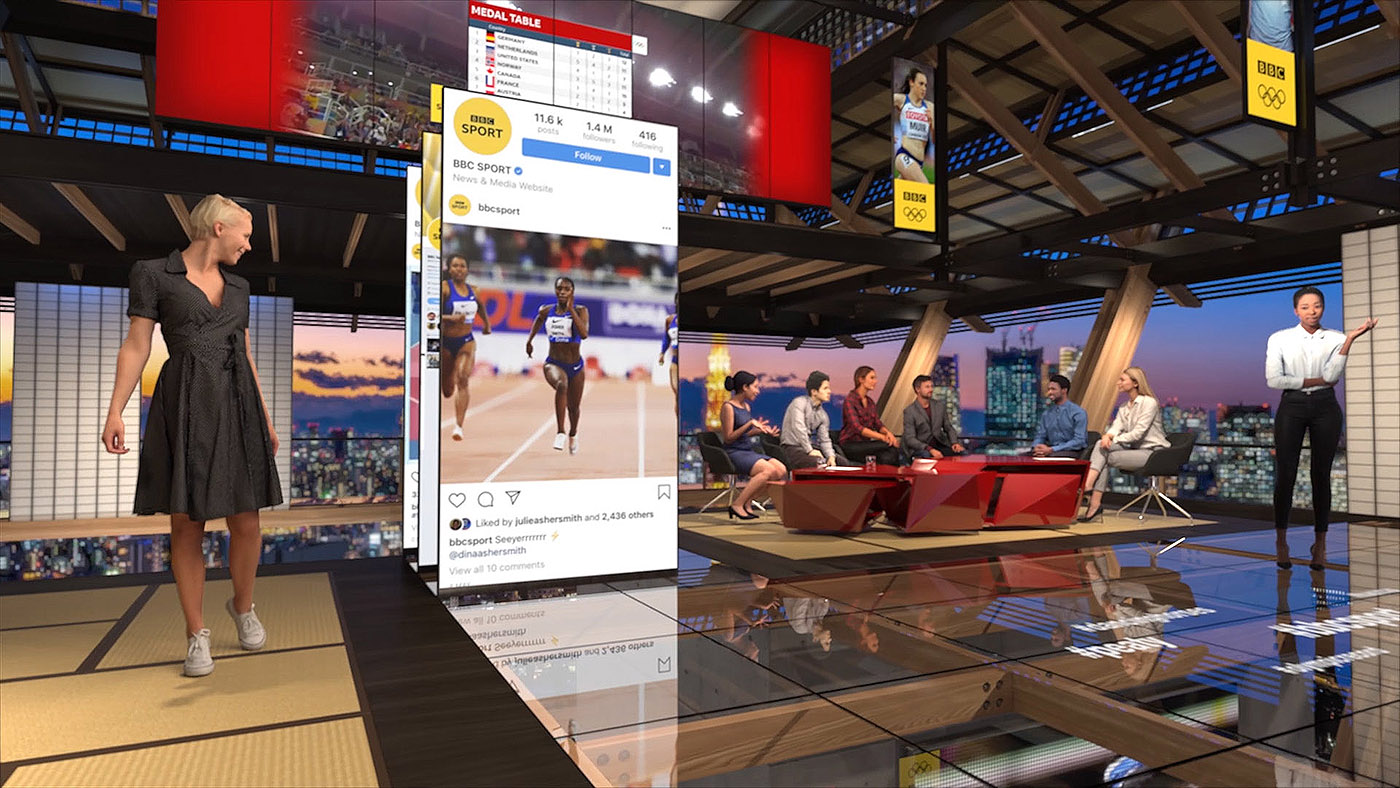 A computer generated mock-up of the inerior of Lightwells designs for the interior of the BBC virtual set for the Tokyo Olympics. We see large ideo displays integrated into the timber structure, above a glass floor with areas of tatami mat to designate presentng positions