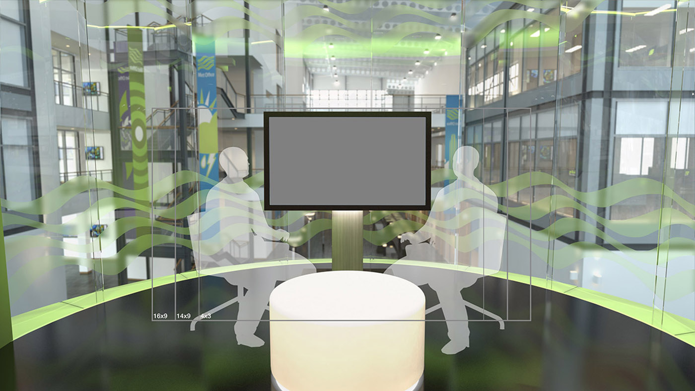 An extreme wide shot of the interview area featuring the virtually reconstructed backdrop, filled with daylight.
