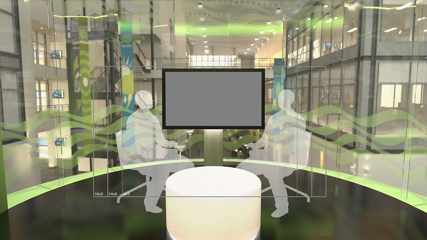 An extreme wide shot of the interview area featuring the virtually reconstructed backdrop, filled with warm daylight from the evening sun.