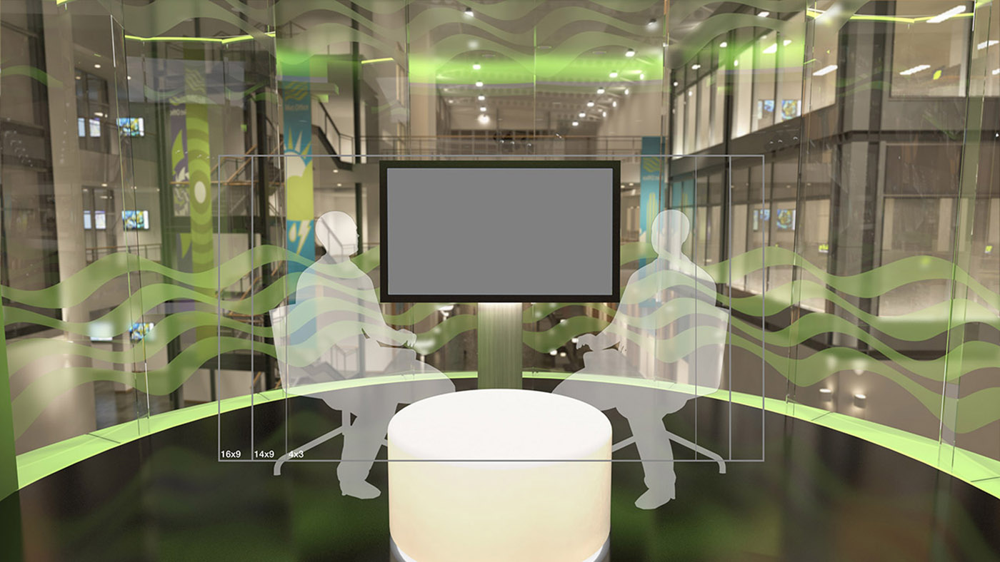 An extreme wide shot of the interview area featuring the virtually reconstructed backdrop lit entirely by artificial light - it is night time, or winter time.