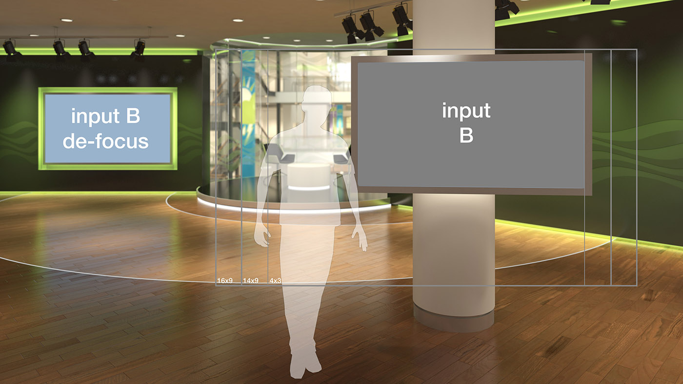 An example of one of the viewpoints from the virtual set design delivered by Lightwell. The scene is optimised for using with the Tricaster system. The framing guide shows how the studio crew can develop from a wide scene featuring two separate screens, to a closer mid-shot of a presenter and one main screen.