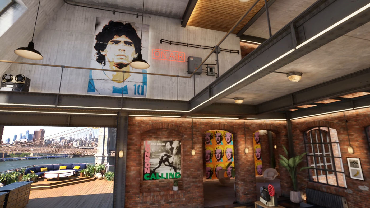 A wide view of the loft apartment that comprises the virtual set design. The virtual structure frames a view of the Brookly Bridge