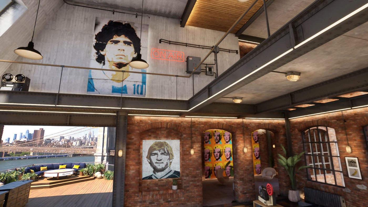 A wide view of the loft apartment that comprises the virtual set design. The virtual structure frames a view of the Brookly Bridge