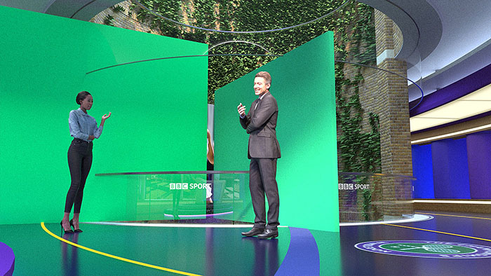 The lightwell design led to additional greenscreen being incorporated into the studio to enable the second presenter position. This featurewas tested using pre-visualisation shown here.s