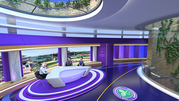 A pre-visualisation image of the Wimbledon studio with virtual set. These images were later combined into a visual guidebook for colours, lighting and camera angles