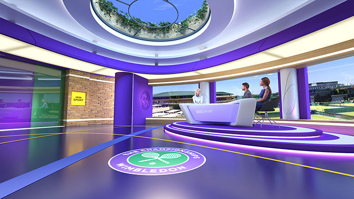 A pre-visualisation image of the Wimbledon studio with virtual set. These images were later combined into a visual guidebook for colours, lighting and camera angles