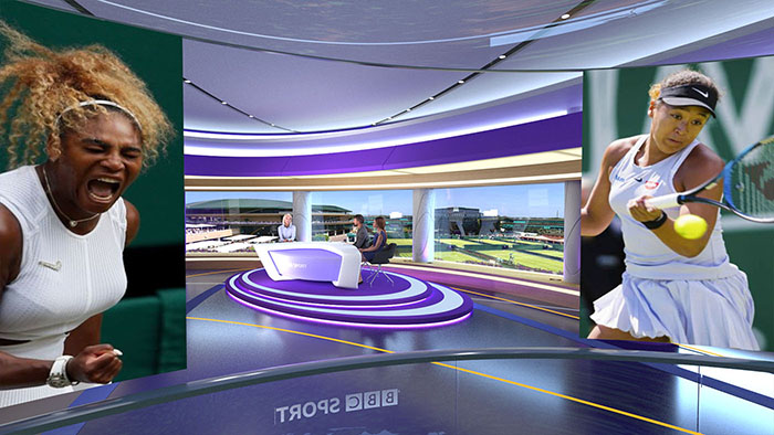 A pre-visualisation image of the Wimbledon studio with virtual set. These images were later combined into a visual guidebook for colours, lighting and camera angles