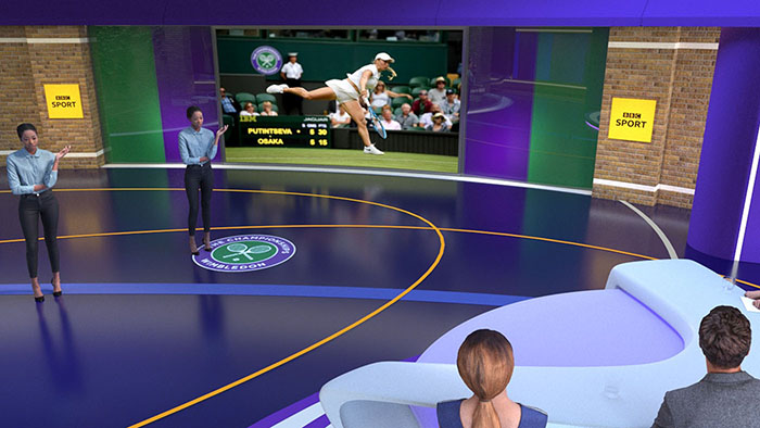 A pre-visualisation image of the Wimbledon studio with virtual set. These images were later combined into a visual guidebook for colours, lighting and camera angles. Potential presenter positions were explored in these images.