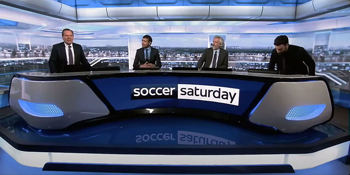 Brett Goldstein appears as Roy Kent on Soccer Saturday with the real presenters Jeff Stelling and Chris Kamara in an episode from Ted Lasso